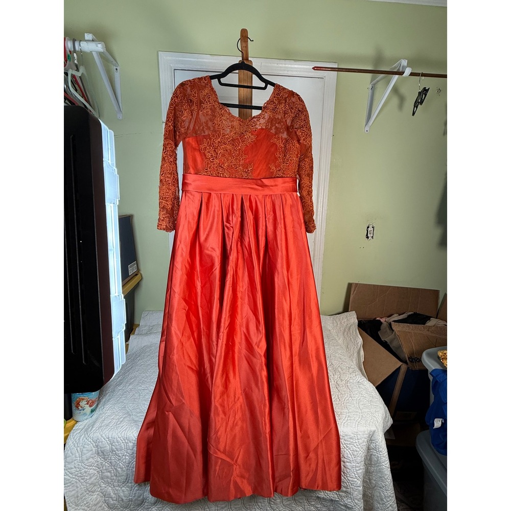 Burnt Orange Lace Satin Long Sleeve Formal Gown Evening Dress Rust